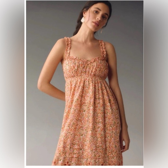 ANTHROPOLOGIE S Babydoll Sweetheart Maxi Dress Floral Eyelet Hem Orange Cream - Picture 2 of 7